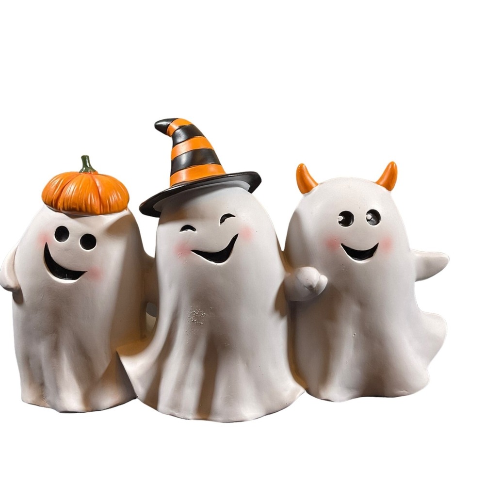 Whimsical Smiling Ghost Trio Ceramic Halloween Witch Devil Pumpkin